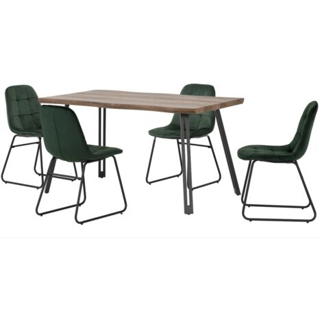 Quebec Wave Edge Dining Set with Lukas Chairs - Medium Oak Effect/Black/Emerald Green Velvet (1/5)