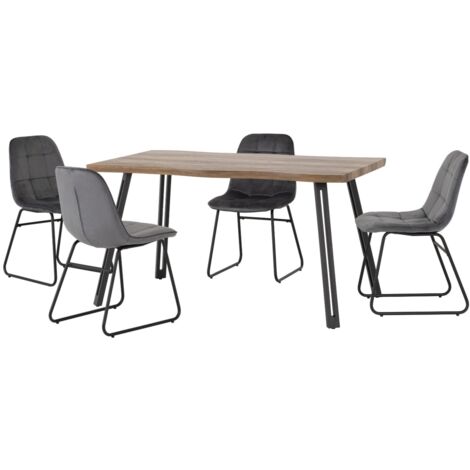 Quebec Wave Edge Dining Set with Lukas Chairs - Medium Oak Effect/Black/Grey Velvet (1/5)