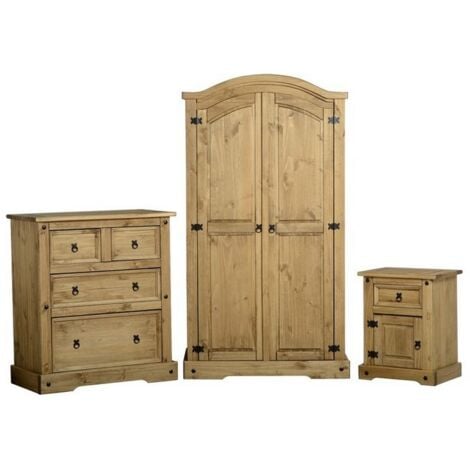 Corona Trio Bedroom Set - L56.5 x W103.5 x H189 cm - Distressed Waxed Pine