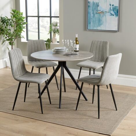 Aspen Round Dining Table with 4 Straight Stitch Cord Dining Chairs - Grey Oak/Black - Flat Packed