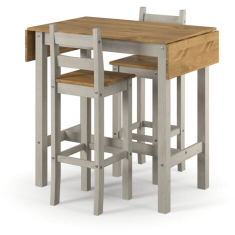 Corona Rectangular High Breakfast Bar Drop Leaf Table and Bar Chair Set - Pine - L60 x W140 x H100 cm - Grey/Antique Waxed Pine - Flat Packed