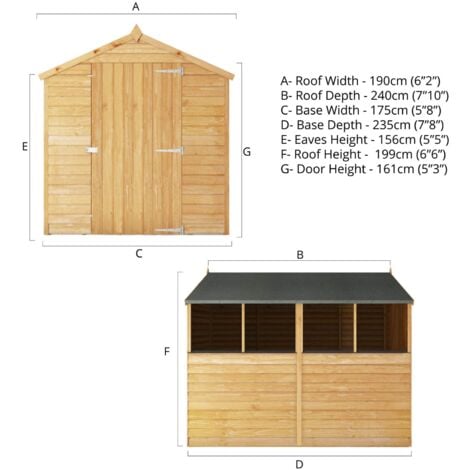 8 x 6 Feet Single Door Overlap Apex Shed - Timber - L240.4 x W190.5 x H198.6 cm - Brown