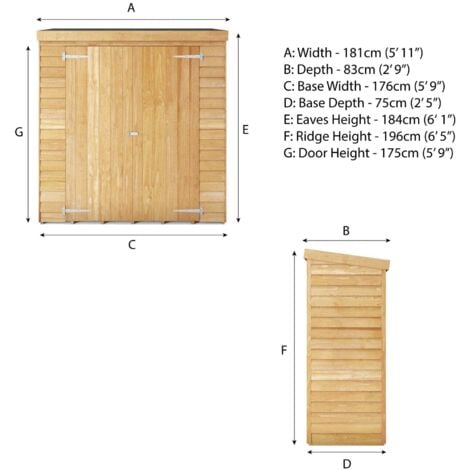 6 x 2'6 Feet Overlap Pent Storage Shed - Timber - L83.4 x W181 x H195.7 cm - Brown