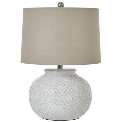 Squat Beaded Lamp with Linen Shade - Ceramic - L38 x W38 x H56 cm - White
