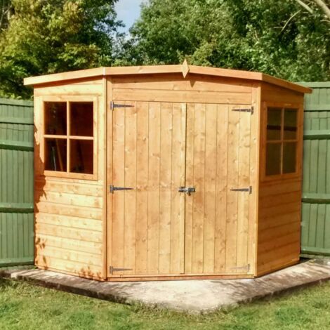 Corner Shed Double Doors Tongue and Groove Garden Shed Workshop Approx 8 x 8 Feet - Honey Brown Timber Basecoat