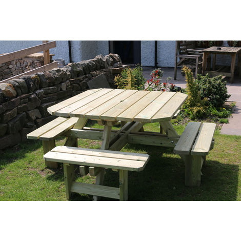 Square Picnic Table Sits 8, wooden garden bench