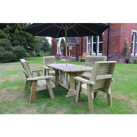 Ergo Table Set - Sits 6, Wooden Garden Dining Furniture Including a Stylish Table, 2 Benches and 2 Chairs