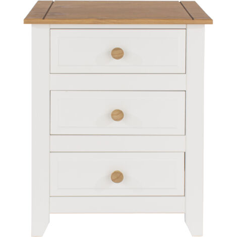 Capri 3 drawer bedside cabinet – MDF and pine – 52.5cm width x 40cm depth x 66.5cm height – White with antique wax finish – Core Products (1/3)