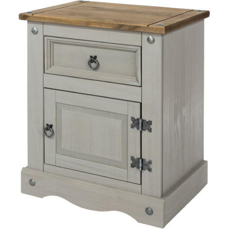 1 Door, 1 Drawer Bedside Cabinet - Pine - 53 x 38 x 66 cm - Grey Wax/Antique Waxed Pine (1/2)