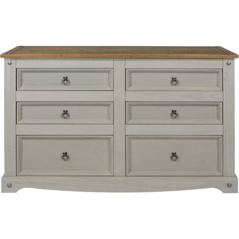 3+3 Drawer Wide Chest - Pine - 132.1 x 43 x 83.4 cm - Grey Wax/Antique Waxed Pine (1/3)