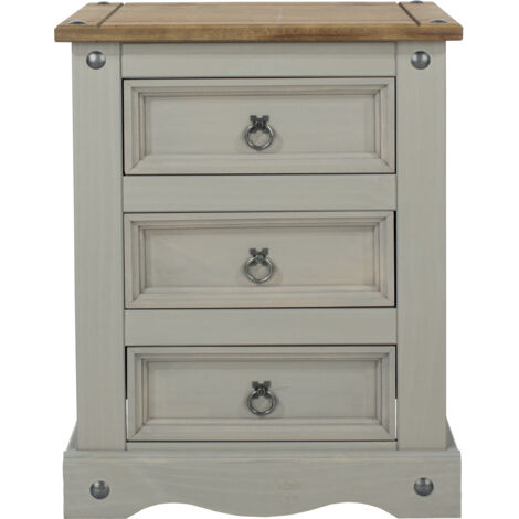 Corona 3 drawer bedside cabinet – Grey waxed pine – 53 x 38 x 68.5 cm – Antique finish with gunmetal hardware – Core Products (1/4)