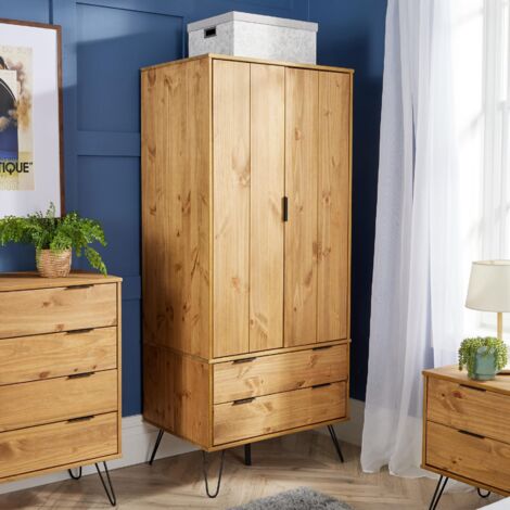 Industrial Wooden 2 Door 2 Drawer Wardrobe Shelf Hanging Rail Bedroom Storage