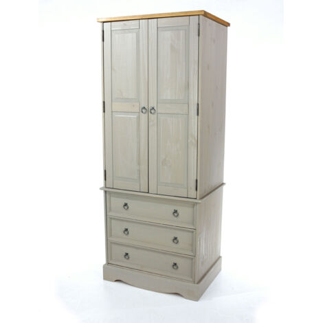 Tall Solid Pine 2 Door Wardrobe With 3 Drawers Bedroom Storage Hanging Bar