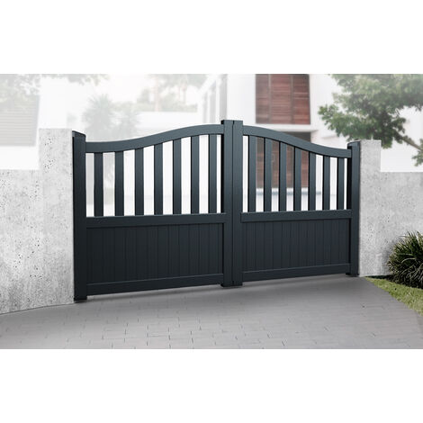 Double Swing Gate 3000x1600mm Black - Partial Privacy Driveway Gate with Vertical Solid Infill and Bell-Curved Top