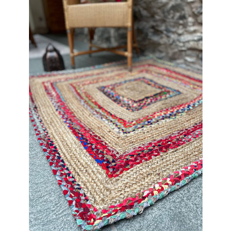 FIESTA Square Rug and Multi Colour Recycled Fabric - Jute - L150 x