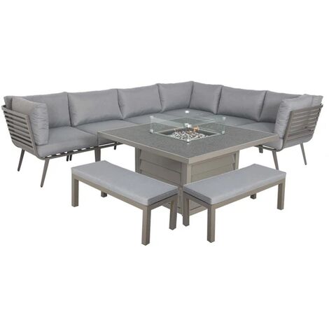 MAYFAIR GREY FRAME 8 SEATER : 6pc corner lounging 120cm Firepit table + 2 bench