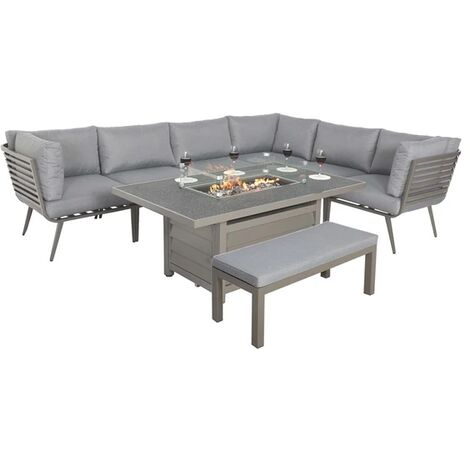 MAYFAIR GREY FRAME 8 SEATER: 6pc corner lounging 150X90cm Firepit table + 2 seater bench