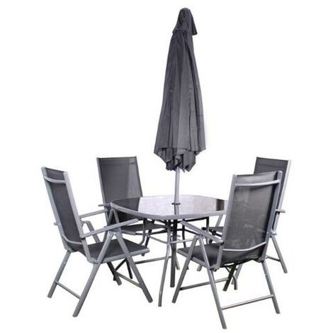 RIO 4 Seater Set - 96.5cm Black glass table, 4 x Recliner textilene armchairs including parasol