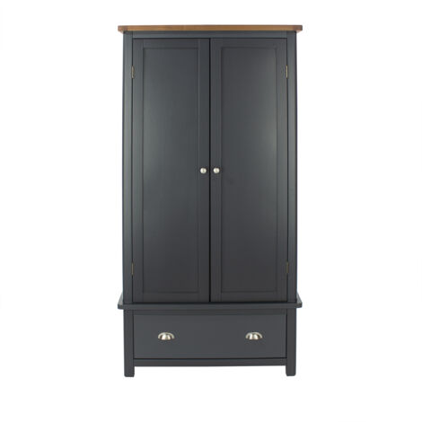 2 Door, 1 Drawer Wardrobe - Hardwood/Softwood/MDF - 90 x 55 x 190 cm - Midnight Blue/Antique Oak Effect Wax (1/4)