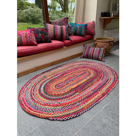 MISHRAN Oval Rug Braid Hand Woven with Recycled Fabric - Jute - L60 x W180