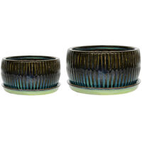 Round Reactive Glaze Bonsai Planter Set of 2 - Cement - L24.5 x W24.5 x H12 cm - Emerald