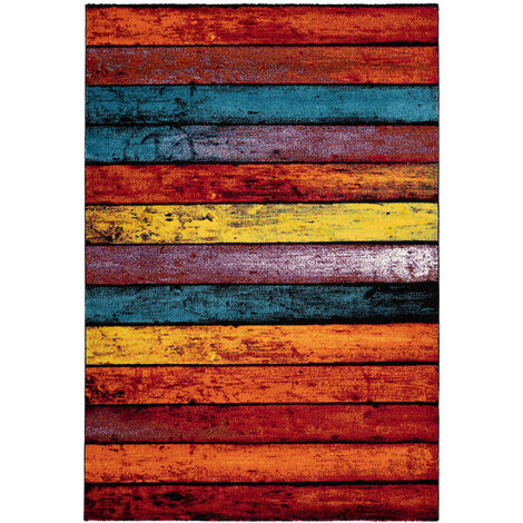 Kinderteppich Vintage Design Balken Muster Bunt Blau Orange Gelb Rot 80x150cm