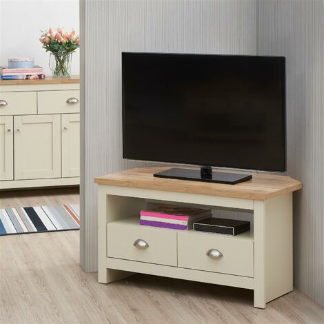 Modern Corner TV Unit Stand Cabinet Cream Oak Media 2 Drawer - Cream