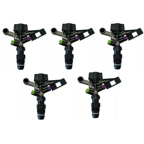 Aspersor de riego circular 1/2" pack 5 unidades.  Aspersor de impacto agrícola bajo caudal fabricado en plástico y acero inoxidable. Sistema de tensión del muelle regulable para variar la velocidad