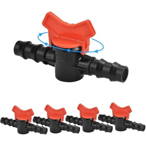 Válvula de interruptor de riego por goteo para tubo de riego de 16 mm, llave de paso pack 5 unidades.  La válvula de la manguera de riego está hecha de plástico de alta calidad, que es duradero,