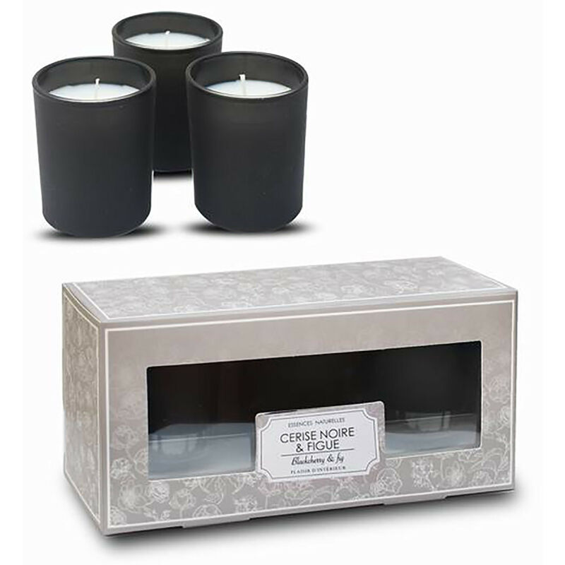 Vela Perfumada de Cereza Negra Pack 3, Velas Decorativas y Aromáticas + Vaso Cristal Negro 12 Horas 6x4 cm