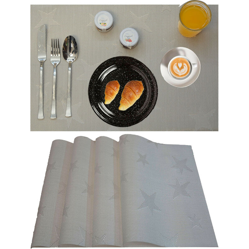 Manteles Individuales x4, Lavable y Aislante Salvamantel Mesa Plateado con Estrellas 30X45xm