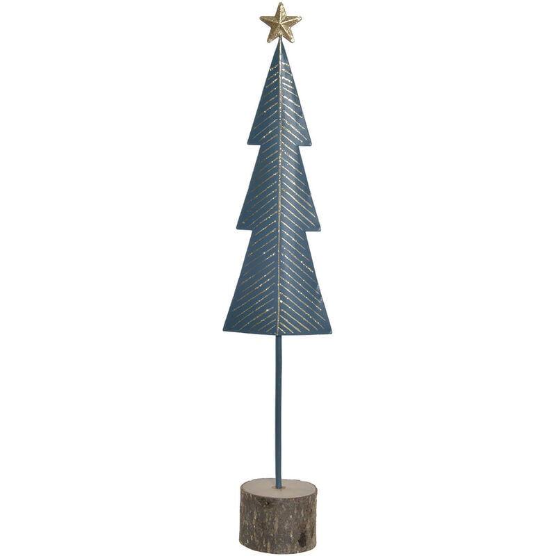 Árbol de Navidad Metálico y Madera Natural, Azul, Figura Navideña Tronco de Paulownia, Decoración Original, Adornos 6X6X42cm