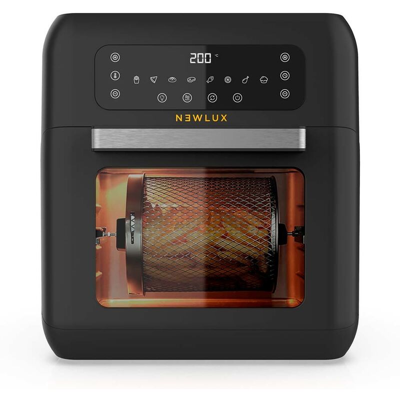 NEWLUX-Horno Freidora sin Aceite 12L Air Power V120 (1500W), 40-210℃ con 11 Programas, Panel táctil, 12 accesorios y Recetas Negro