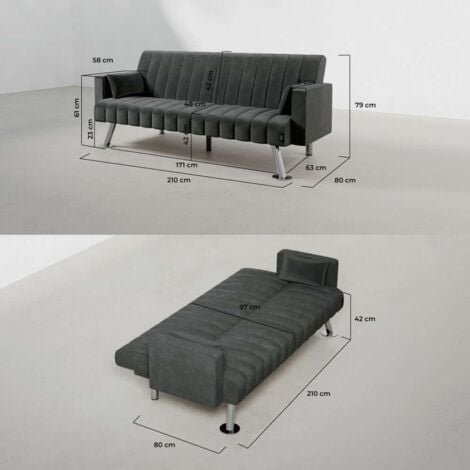 Nalui Sofá Cama Gris Antracita One Lines 3 Plazas Acolchado