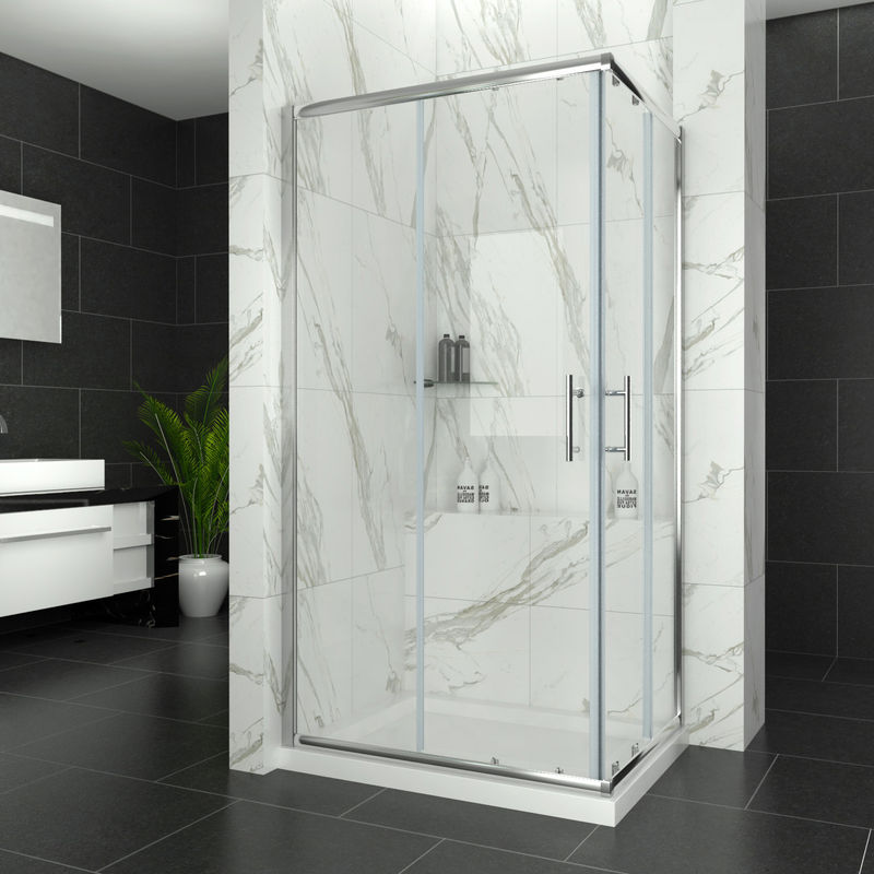 Plaza Rectangular Corner Entry Shower Enclosure with Pearlstone Tray - 6mm  Sliding Door