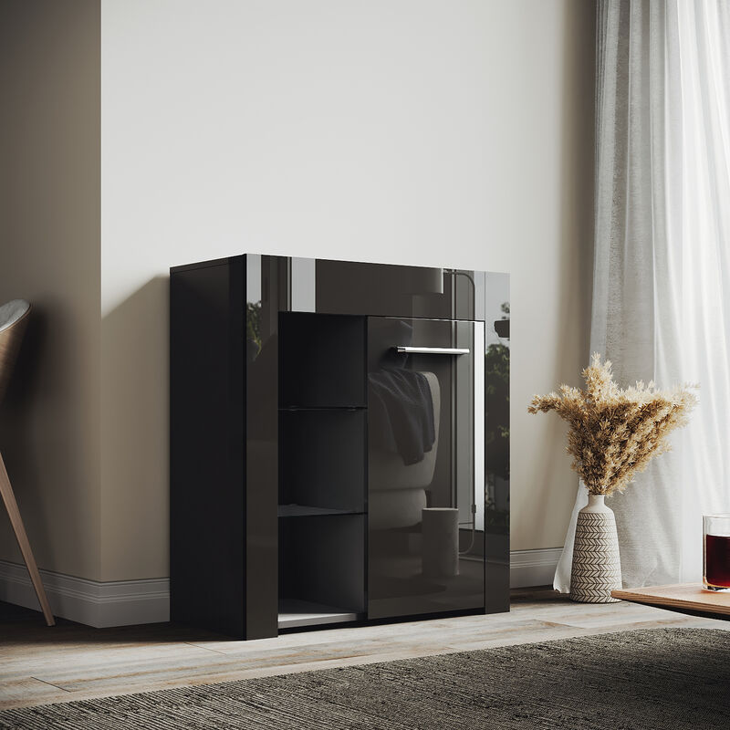 ELEGANT Modern LED Small Display Cabinet in Black High Gloss 830 x 750 x 35 mm Cupboard with 5mm Tempered Safety Glass Shelves Sideboard Unit for Living Room