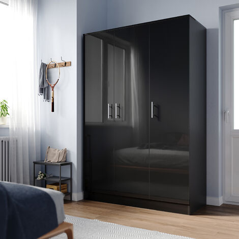 ELEGANT Bedroom Furniture Wardrobes 3 Door High Gloss Door Closet with Large Storage Capacity Multi Compartment Black 1200 x 500 x 1800mm