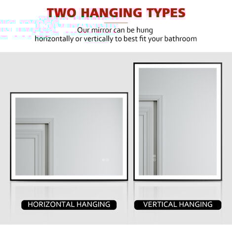 ELEGANT Modern LED Bathroom Mirror with Sensor Touch Switch, Demester Pad Black Aluminum Frame Horizontal or Vertical Hanging Smart Mirror 800 x 600 mm