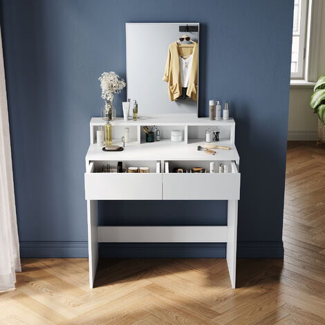 ELEGANT Modern Dressing Table Makeup Vanity Table with Brightness Mirror, 2 Drawers and Open shelves for Bedroom, Dresser Single Table