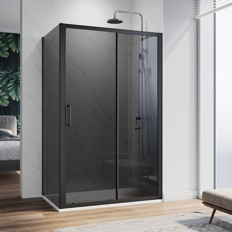 ELEGANT 1200x800mm Sliding Door Shower Enclosure with 800mm Side Panel,SMC Tray & Waste Trap (8mm NANO Dark Glass, Black Aluminium Frame)