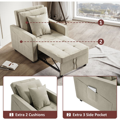 ELEGANT Multifunctional Recliner Sofa 3-in-1 Sofa Bed Adjustable Backrest Fireproof sponge Easy Clean Surface, Cream 81x87x77.5cm
