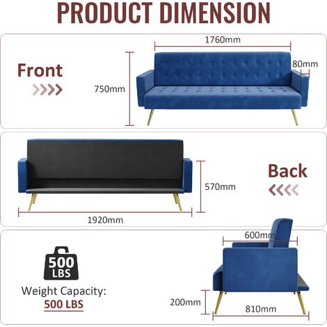 ELEGANT Modern Sofa Bed 3-level Adjustable Backrest Ultra Soft Material Velvet Cloth High-bounce Sponge Multi-person Sofa Blue, 192x79x75cm