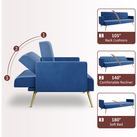 ELEGANT Modern Sofa Bed 3-level Adjustable Backrest Ultra Soft Material Velvet Cloth High-bounce Sponge Multi-person Sofa Blue, 192x79x75cm