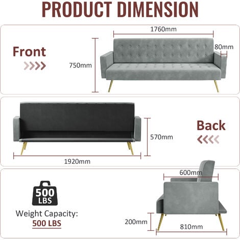 ELEGANT Modern Sofa Bed 3-level Adjustable Backrest Ultra Soft Material Velvet Cloth High-bounce Sponge Multi-person Sofa Grey, 192x79x75cm