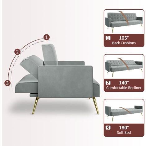 ELEGANT Modern Sofa Bed 3-level Adjustable Backrest Ultra Soft Material Velvet Cloth High-bounce Sponge Multi-person Sofa Grey, 192x79x75cm