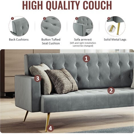 ELEGANT Modern Sofa Bed Multifunctional Three-Gears Adjustable Backrest Ultra Soft Material Velvet Cloth High-bounce Sponge Grey, 192x79x75cm