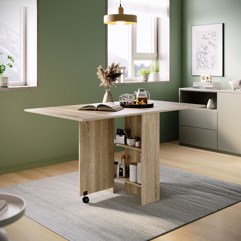 ELEGANT Folding Dining Table Mobile Writing Desk Kitchen Living Room Table Drop Leaf Table with 2 Wheels, Beige
