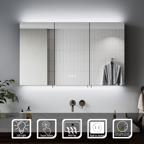 ELEGANT Bathroom Cabinet LED Mirror Cabinet 1000x600x130mm, Dimmable LED Illumiated + Anti-Fog + Shaver Socket (3 Doors)
