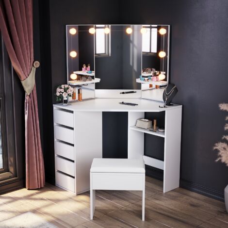 ELEGANT Bedroom Furniture Corner Dressing Table Makeup Desk with 3 Large Mirrors 5 Drawers, White Dresser Set with Stool + LED Mirror Lights