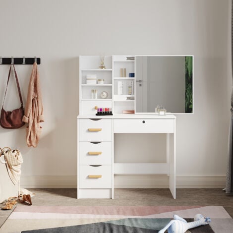 ELEGANT Modern Sliding Mirror Dressing Table 5 Drawers Bedroom White Makeup Desk Vanity Single Table and LED Mirror Lights